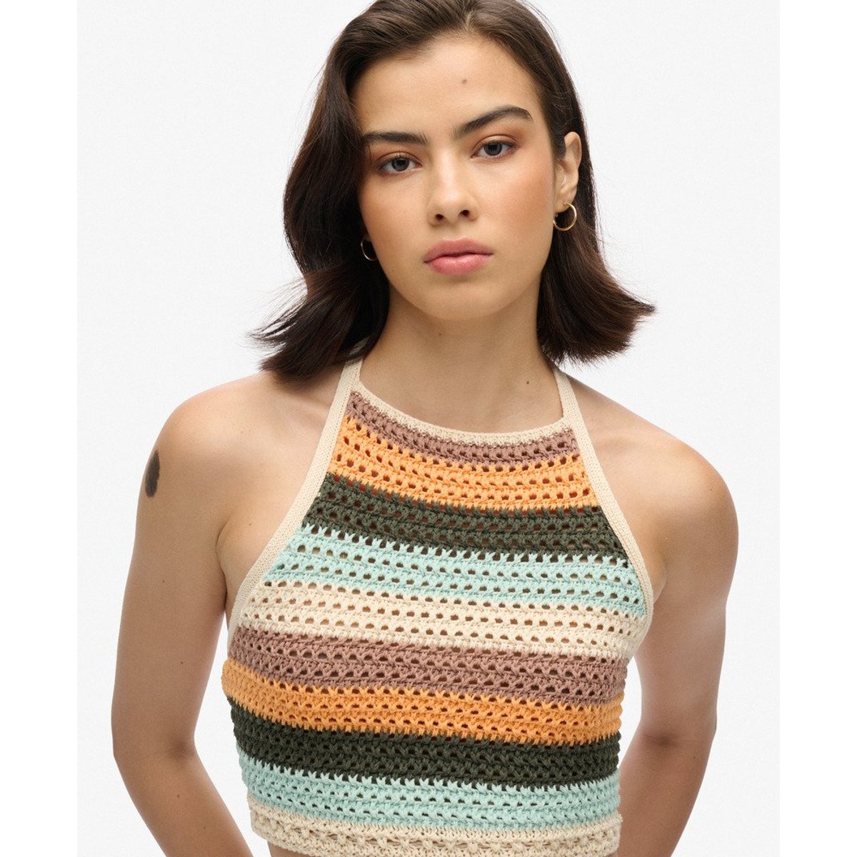 Haut court à dos nu en crochet rayures satsuma, SUPERDRY