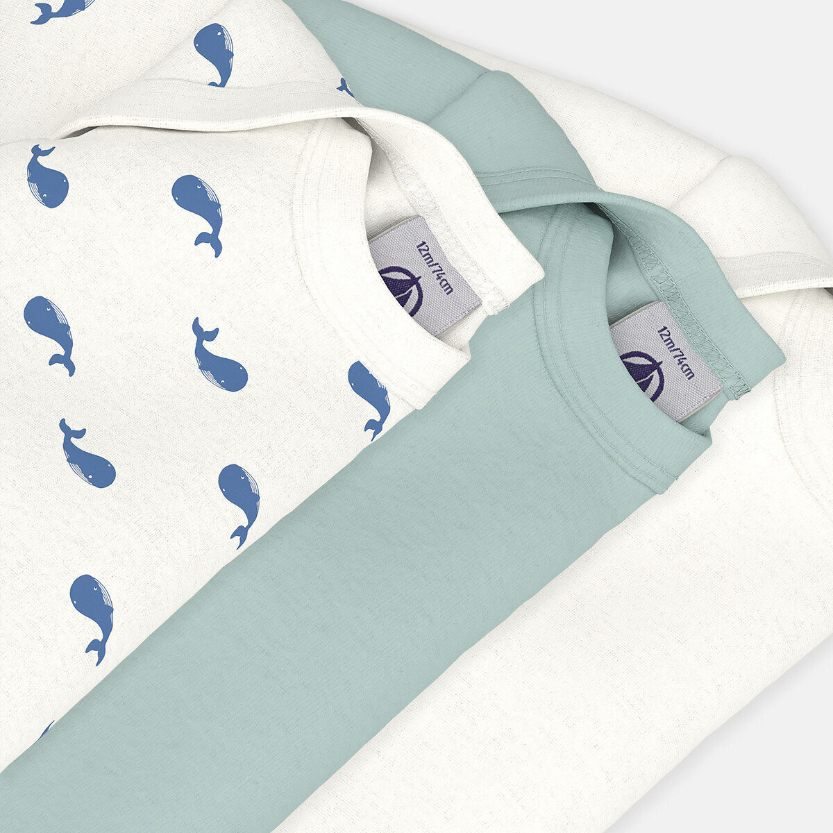Confezione da 3 body maniche lunghe bianco + verde, PETIT BATEAU