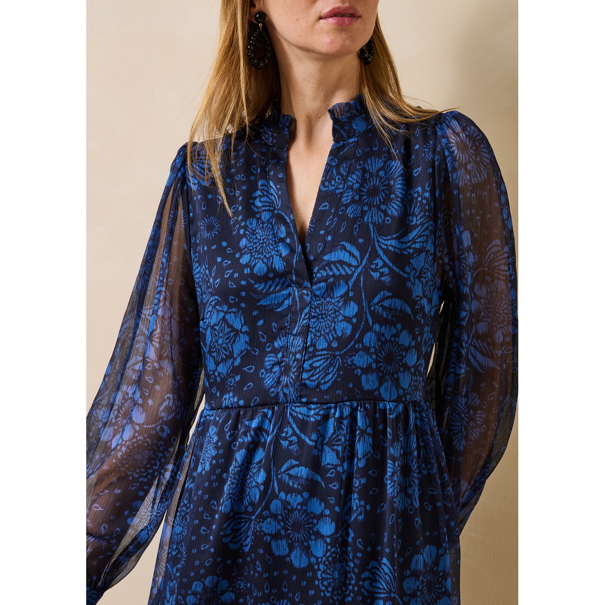 Robe longue à imprimé fleuri manches longues bleu, LA FEE MARABOUTEE