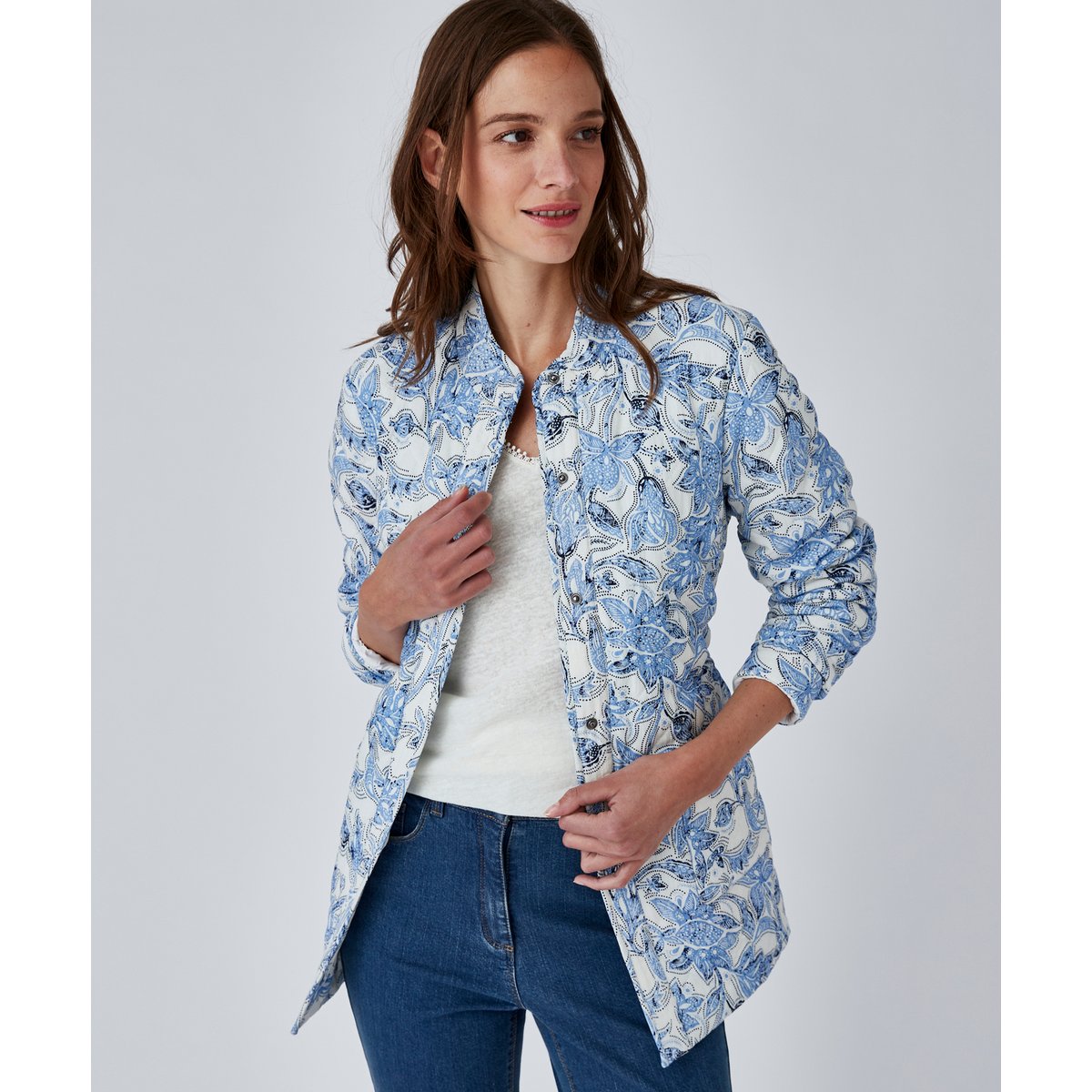 Veste ceinturée surpiqûres fantaisie blanc fleuri, DAMART