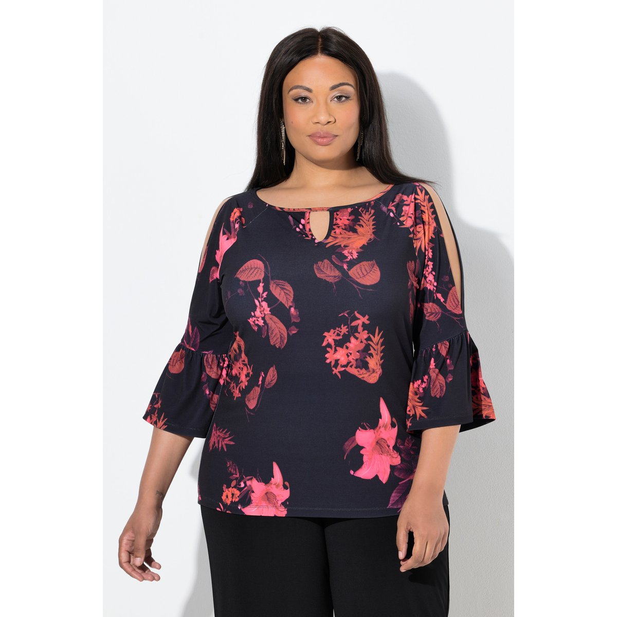 T-shirt imprimé à fleurs noir, ULLA POPKEN