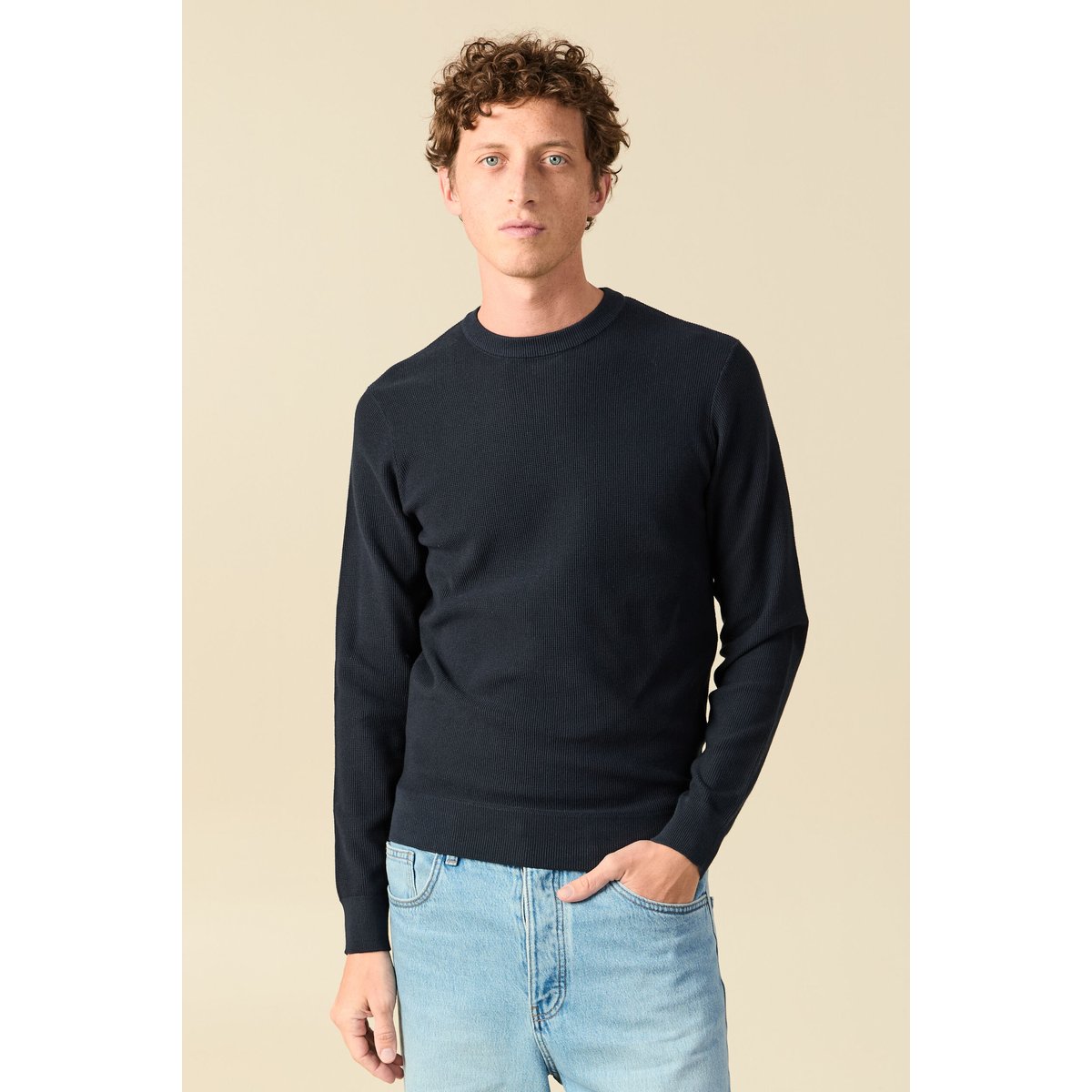 Pull fin col rond manches longues bleu marine, BONOBO