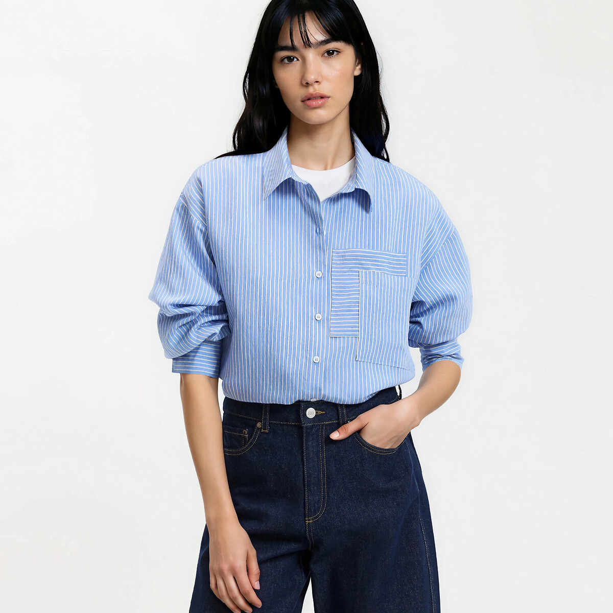 Chemise rayée oversize manches longues bleu rayures blanches, LA REDOUTE COLLECTIONS