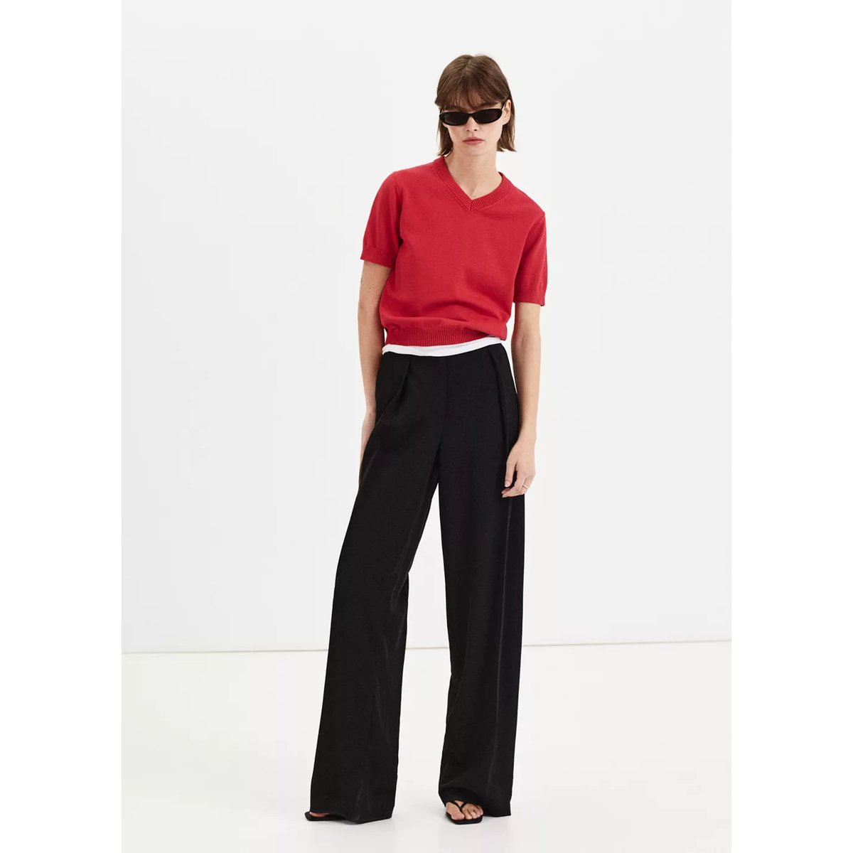 Pull-over maille col en V rouge, MANGO
