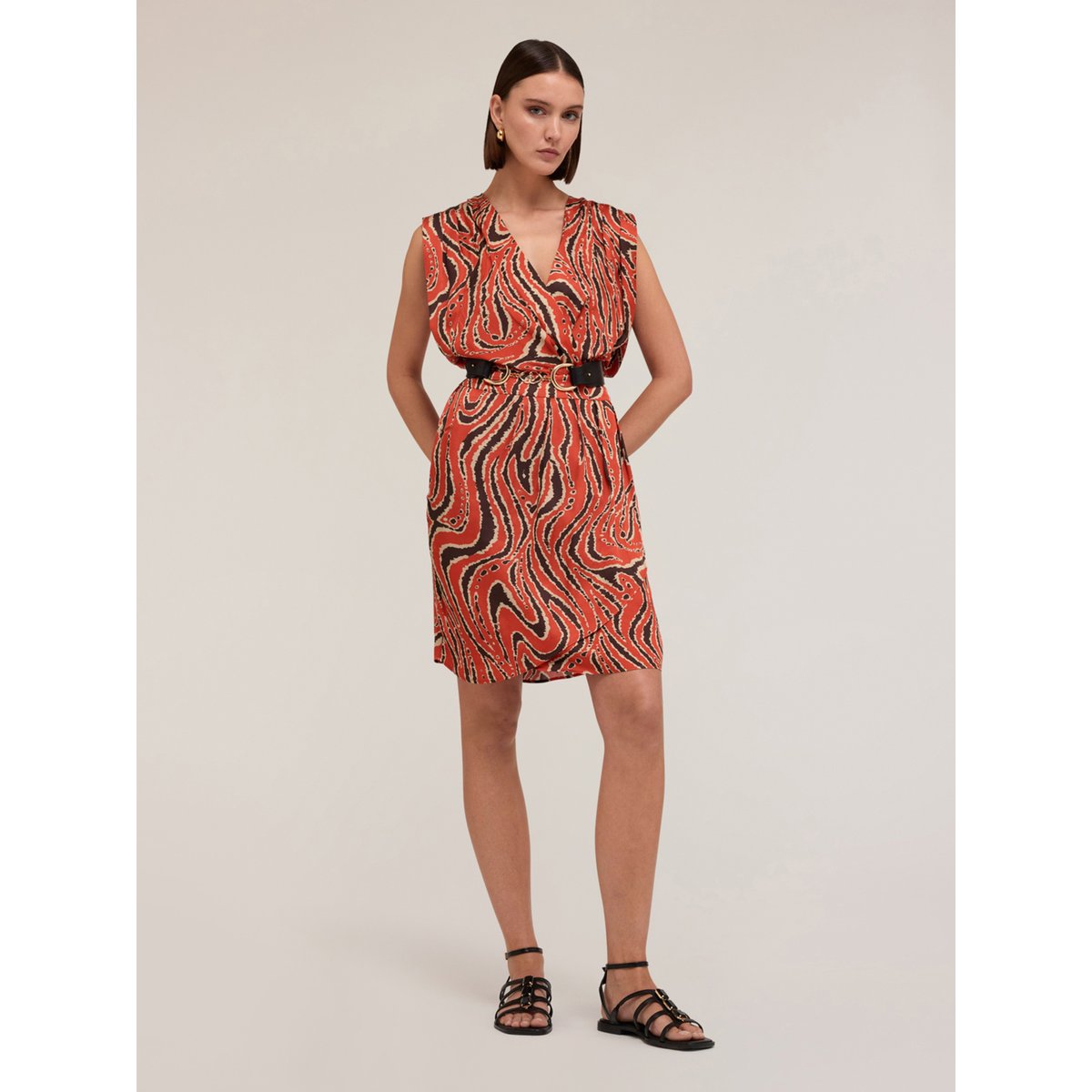 Robe courte croisée en satin imprimé orange soleil, MOTIVI