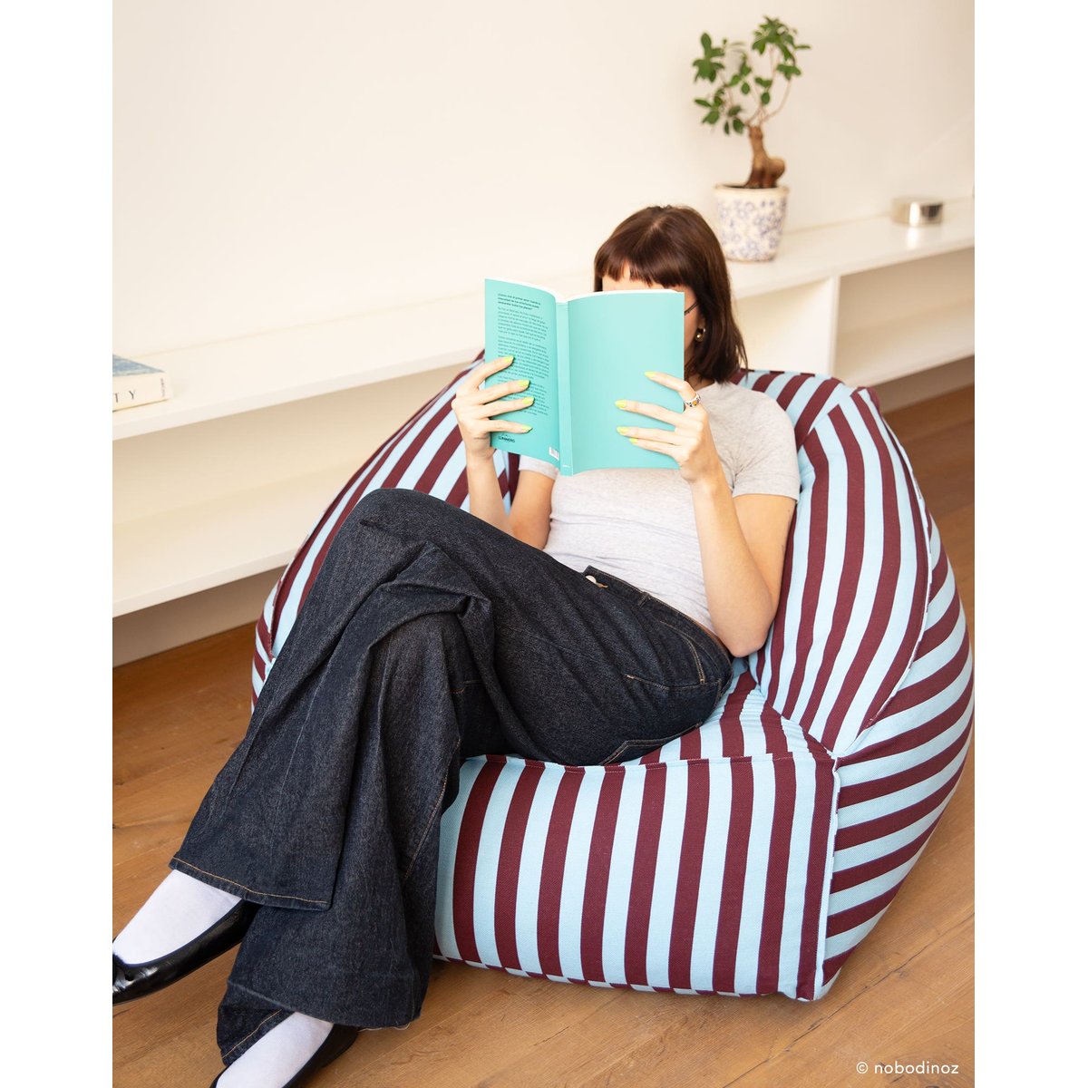 Fauteuil-pouf - taille adulte - Ziggy burgundy blue stripes, NOBODINOZ