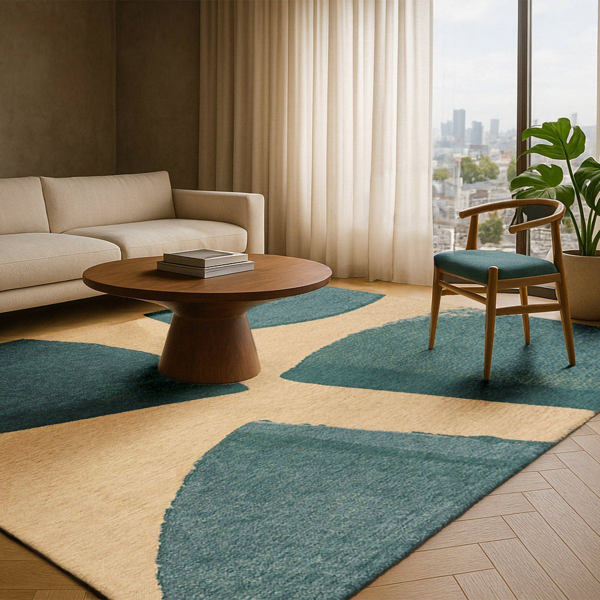 Tapis jacquard antidérapant, CORNER bleu azurite et beige sable, RECOLLECTION