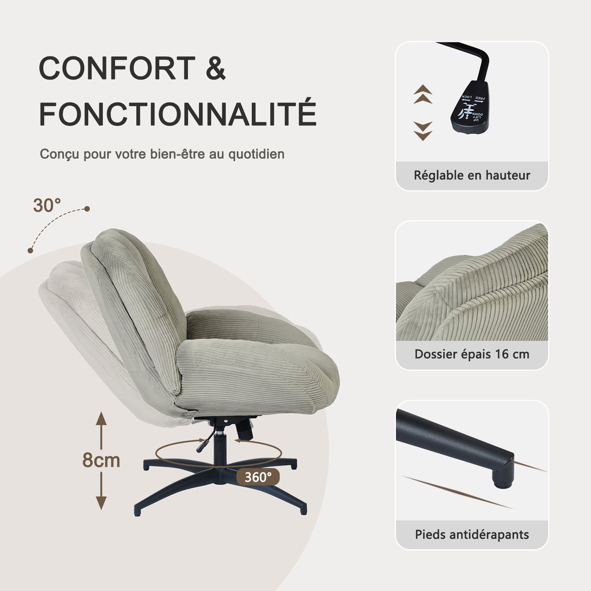 Chaise de bureau pivotante avec dossier inclinable en velours côtelé, LITHOPSFIX CORDO gris, MEUBLES COSY