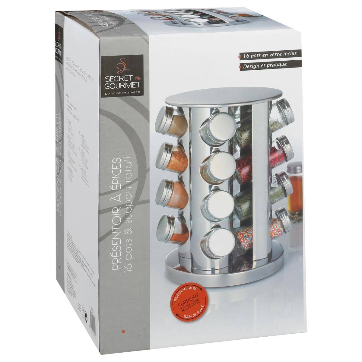 Support rotatif 16 pots à épices argent, 5FIVE SIMPLY SMART