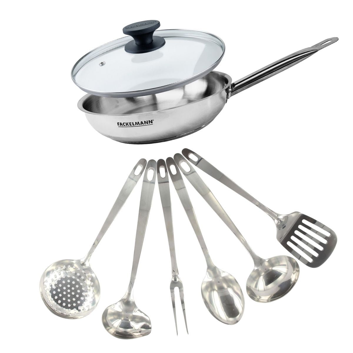 Set poêle 28 cm , couvercle verre et 6 ustensiles ETERNA inox, FACKELMANN