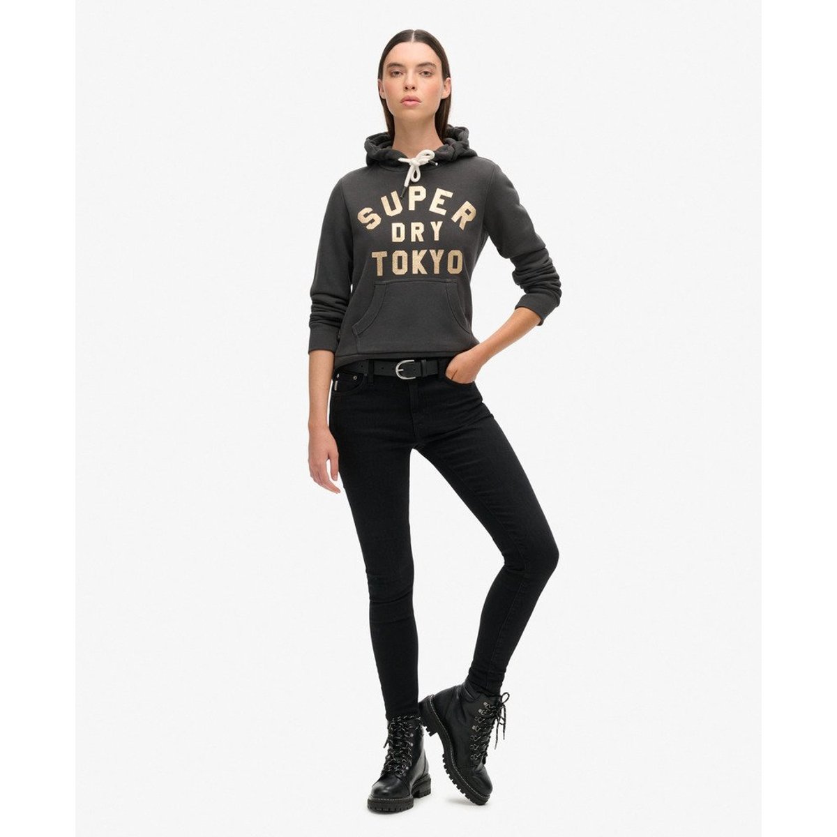 Sweat à capuche à logo pailleté noir délavé, SUPERDRY