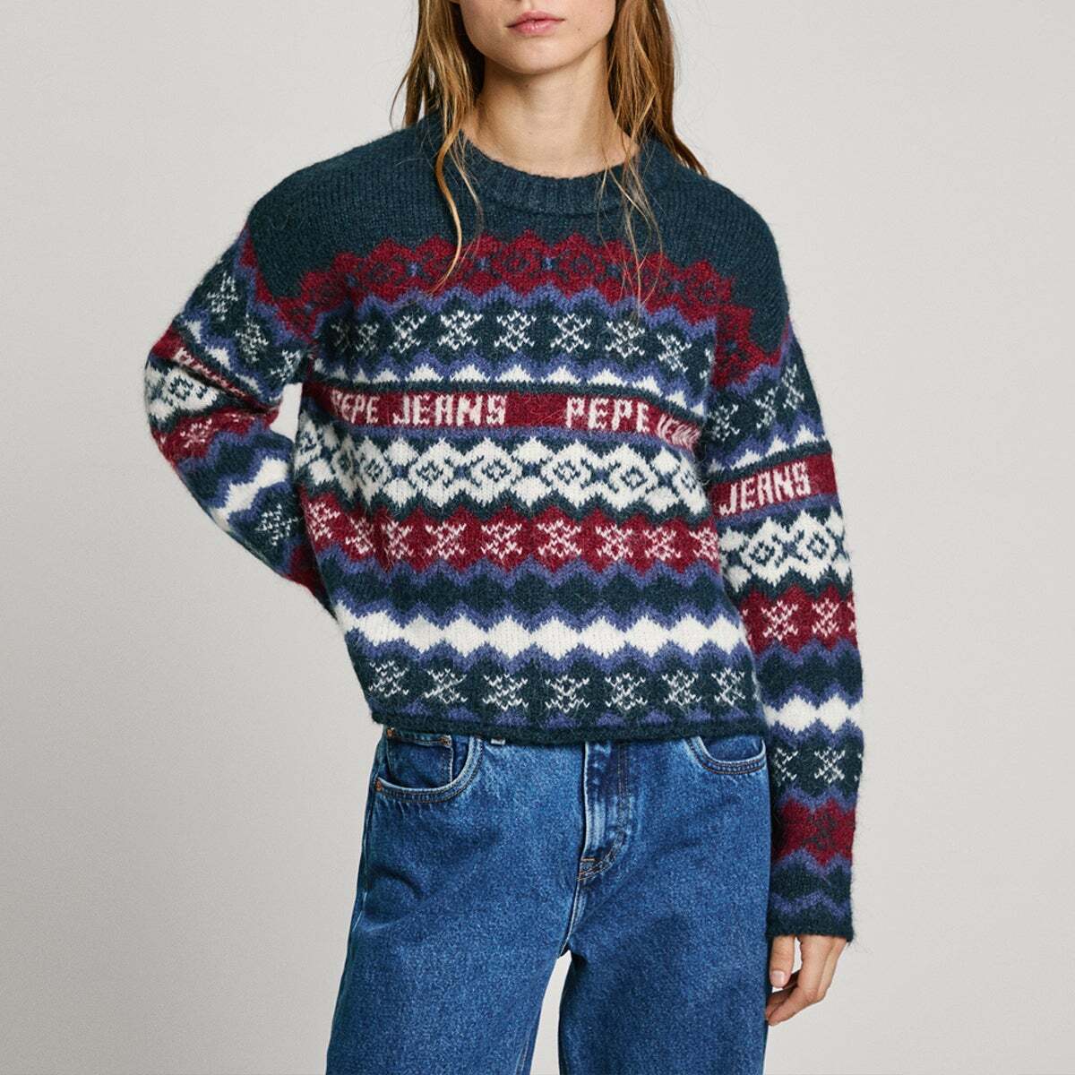 Pull Col Rond En Tricot Fair Isle bleu dulwich, PEPE JEANS