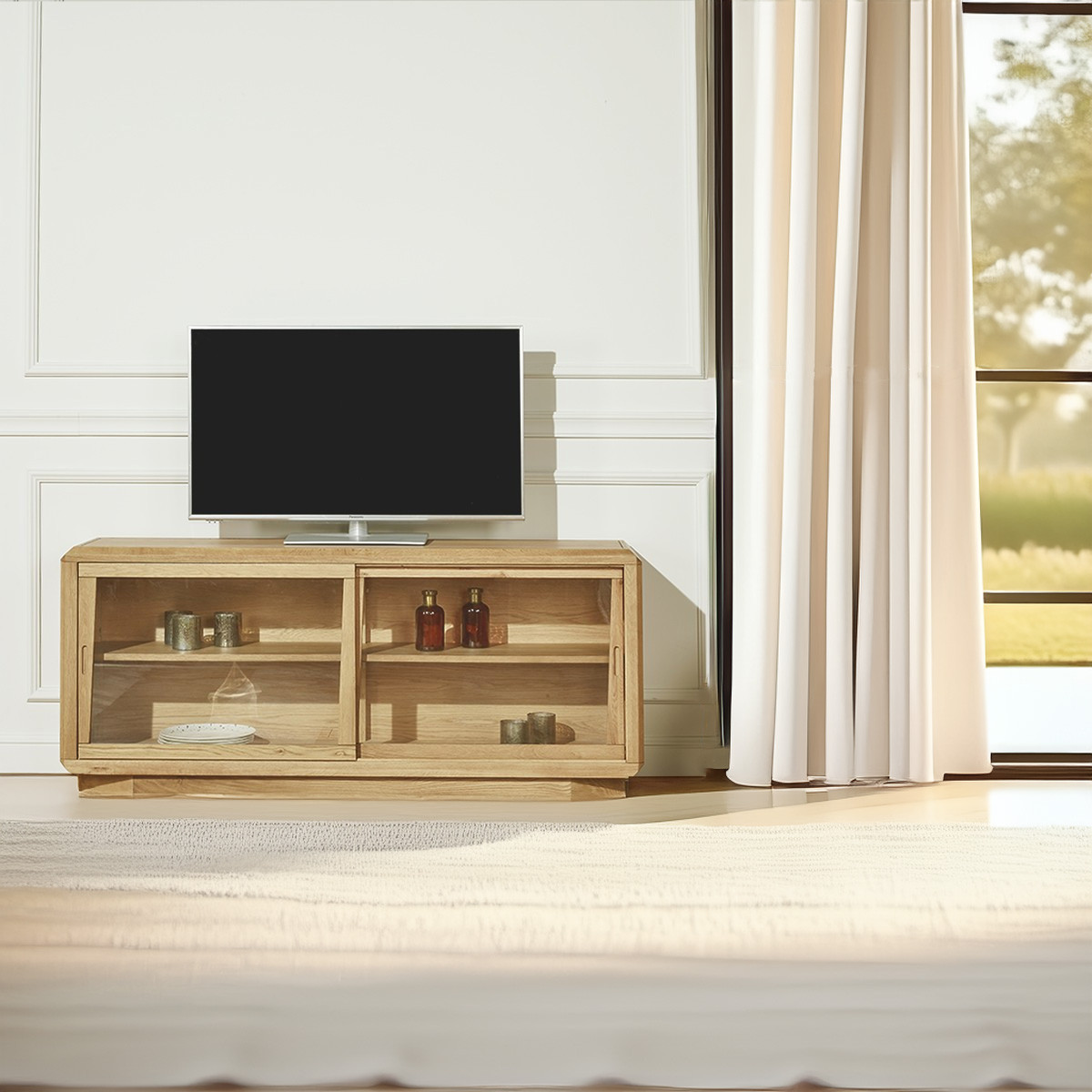 Vitrine en chêne portes coulissantes ONTARIO beige, ROBIN DES BOIS