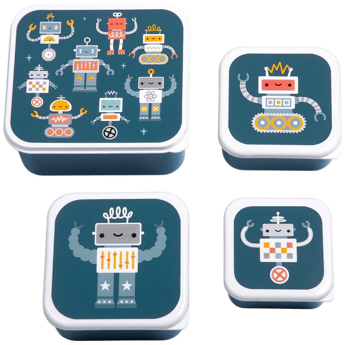 Lot de 4 boîtes à goûter bleu robots, A LITTLE LOVELY COMPANY