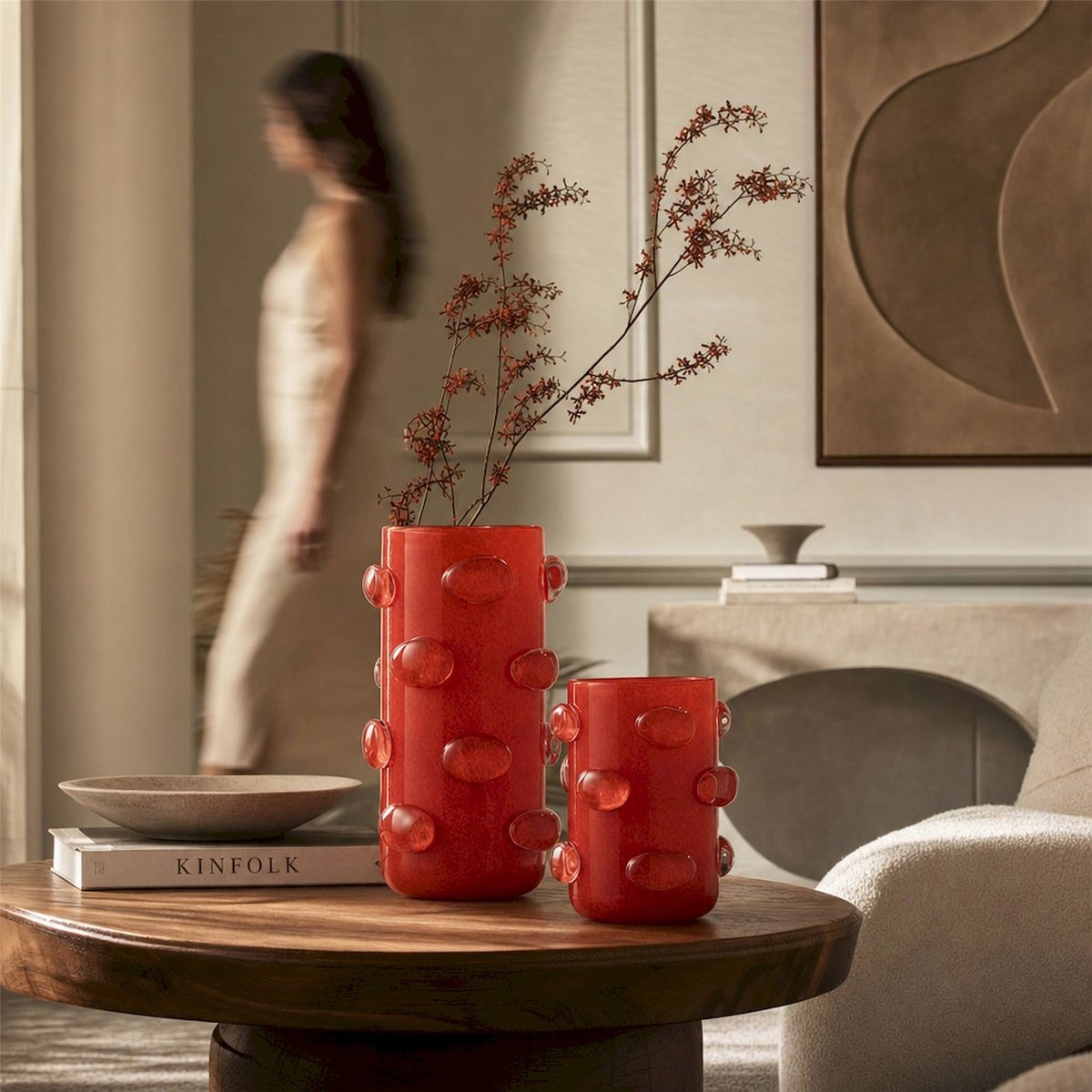 Vase en verre soufflé relief décoratif rouge, RECOLLECTION