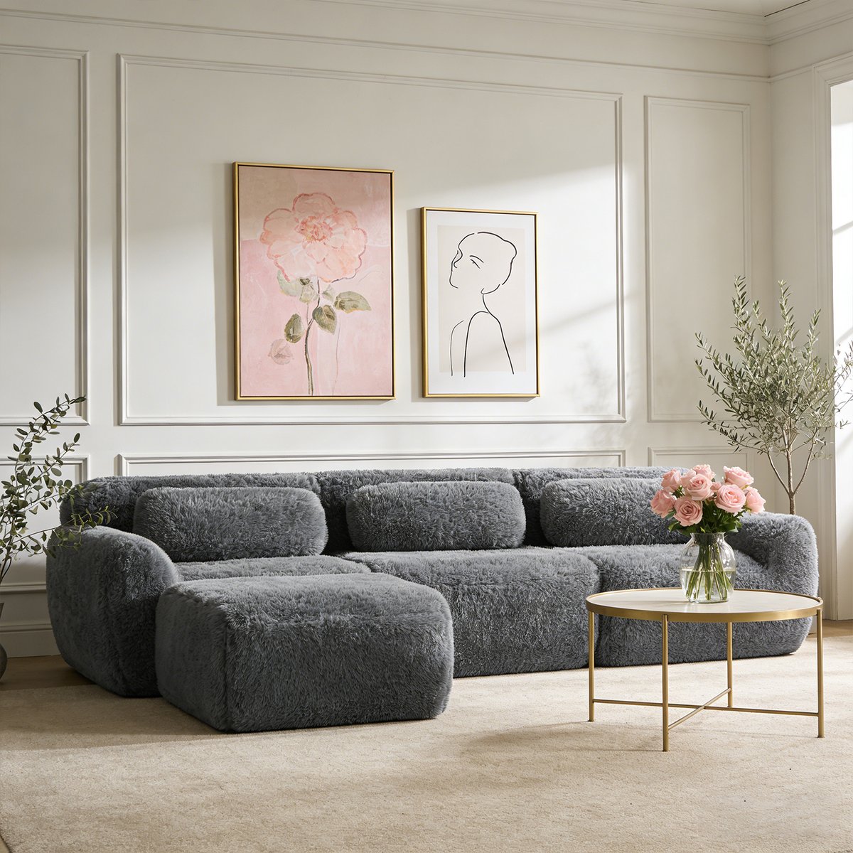 Canapé d'angle réversible 3 places avec pouf, WIND gris charbon, MEUBLES COSY