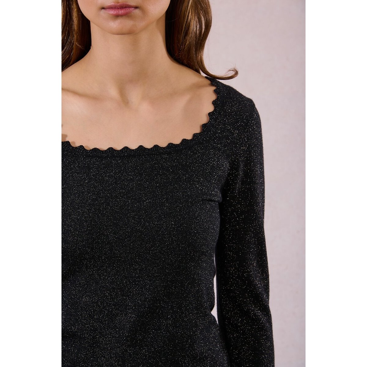 Fitted Jumper with Square Neckline and Scalloped Edging black, MOLLY BRACKEN