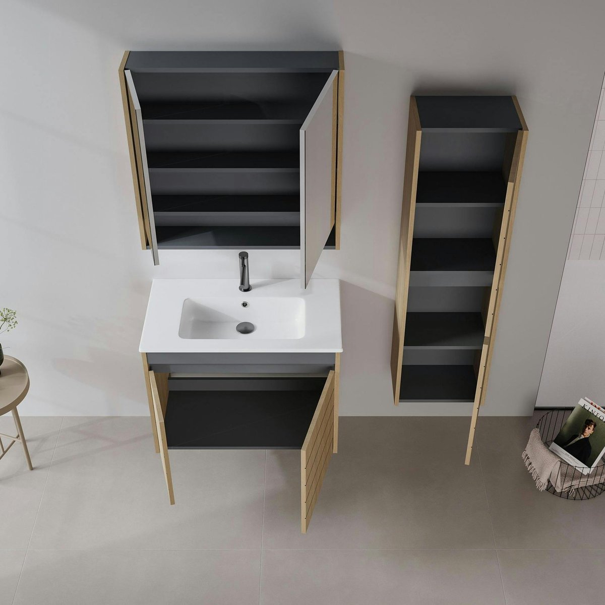 Meuble vasque suspendu 80 cm décor chêne 2 portes AÏGA bois naturel, PIER IMPORT