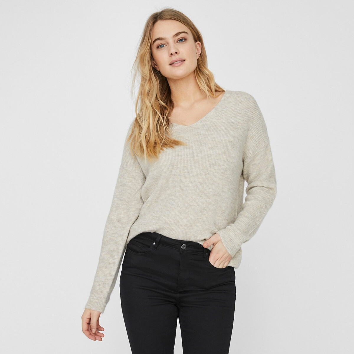 Pull scollo a V in morbida maglia ecru , VERO MODA