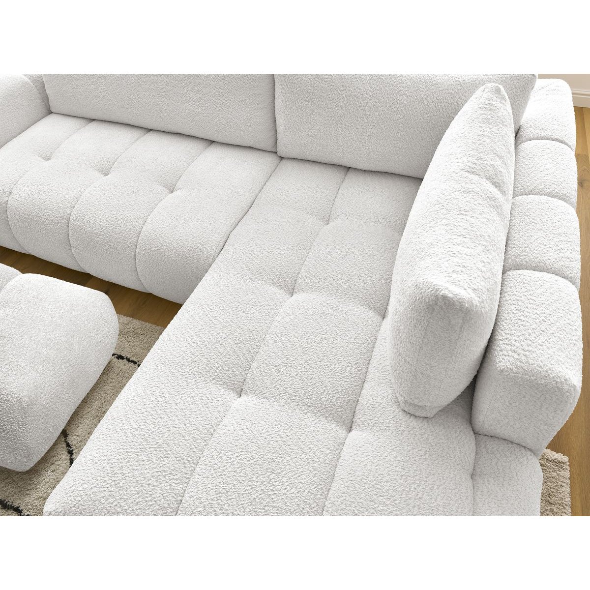 Canapé d'angle convertible 4 places en tissu bouclette avec pouf, FUJI blanc, BOBOCHIC