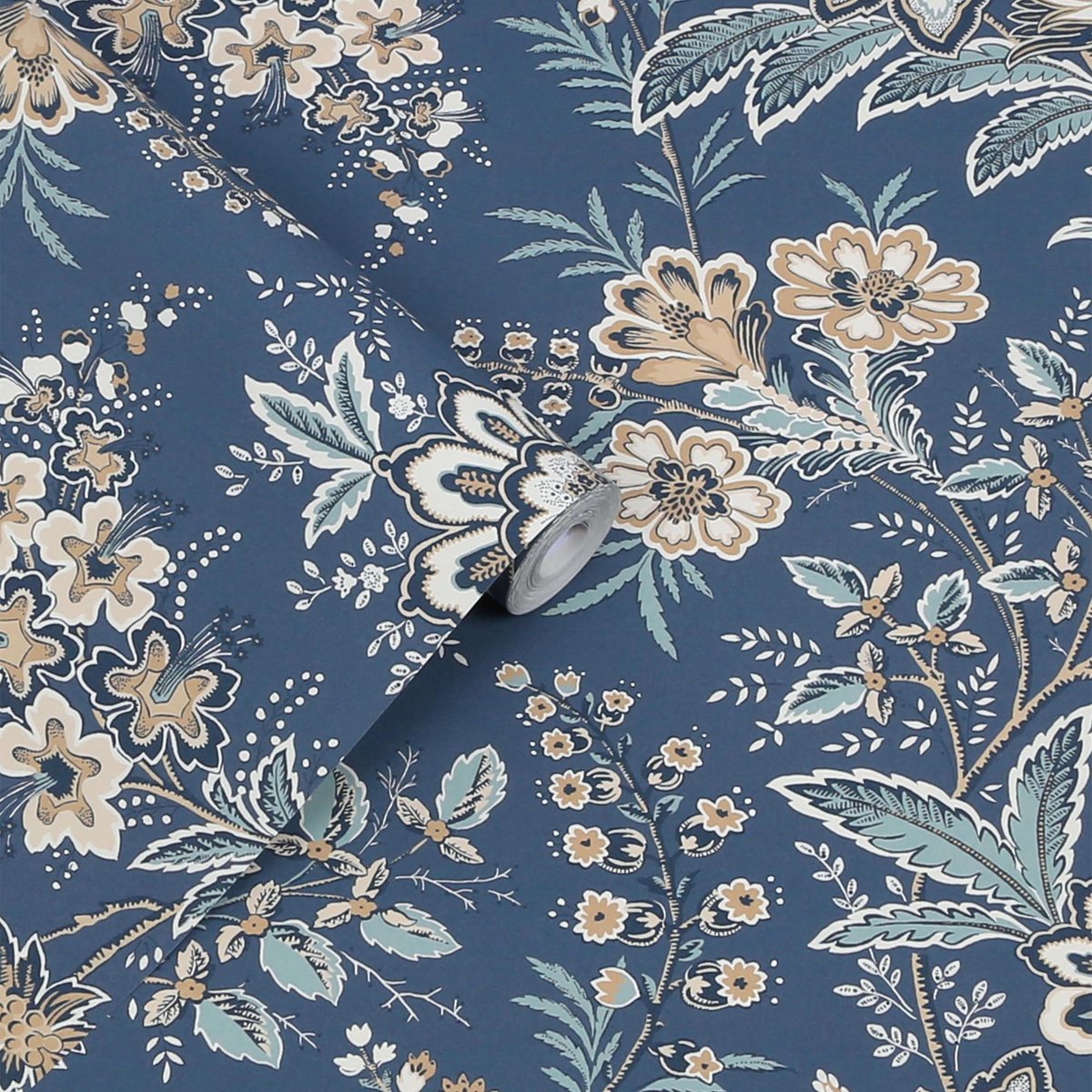 Papier peint fleurs jacobines du soir Marlbrook bleu, beige, LAURA ASHLEY