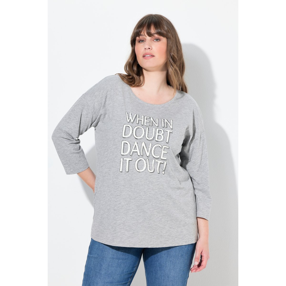 T-shirt oversize à col rond et manches 3/4 gris chiné, ULLA POPKEN