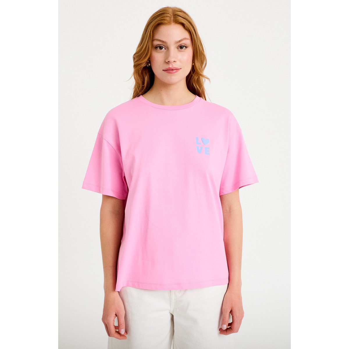 T-shirt droit col rond manches courtes rose corail, CACHE CACHE
