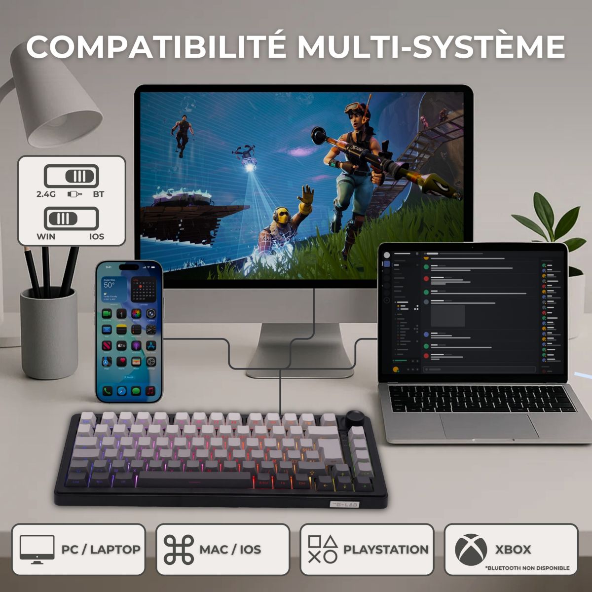 Clavier gamer sans fil Keyz Elite 300 GRG Triple Mode Gris couleur unique, THE G-LAB