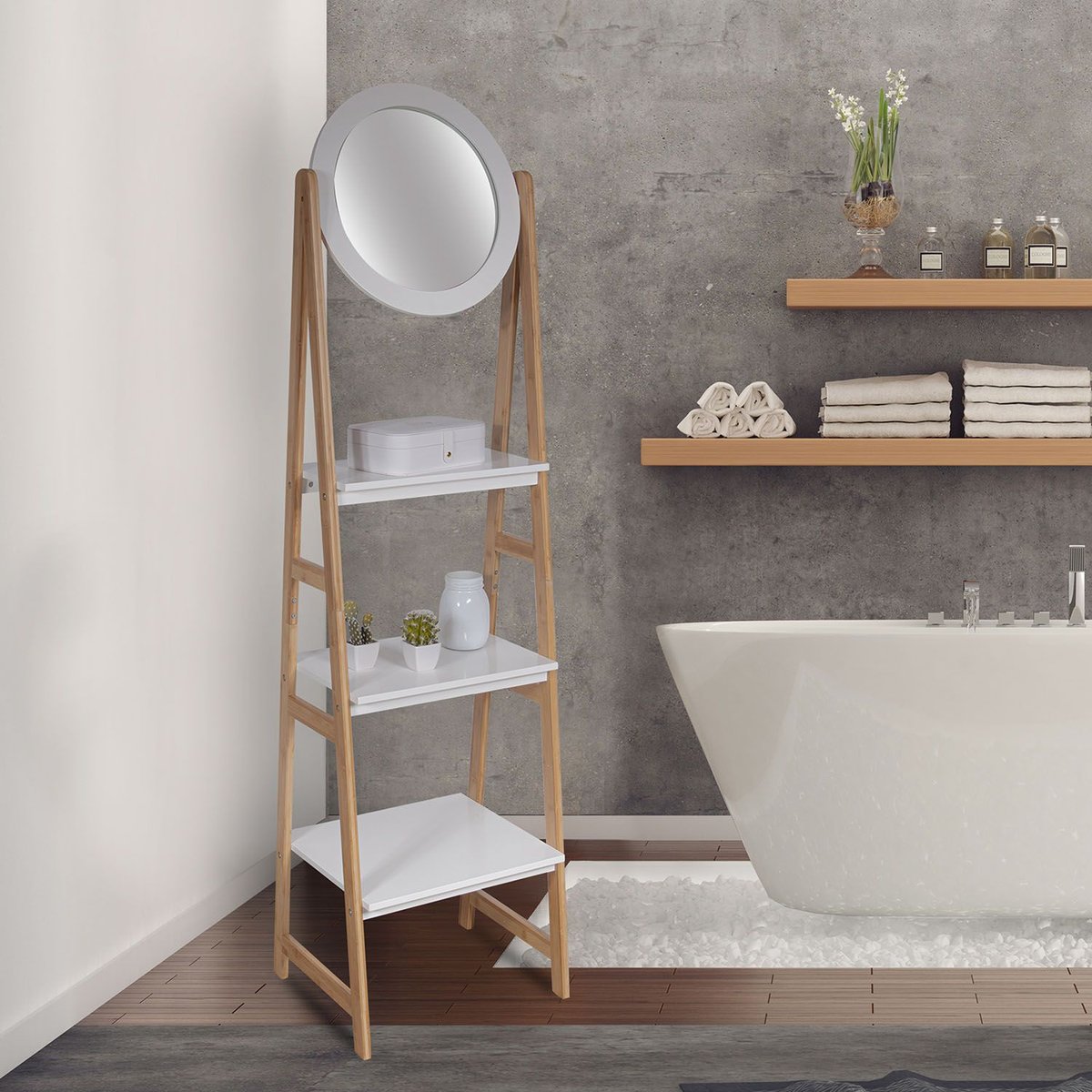 Etagère de salle de bain 3 niveaux avec miroir COPENHAGUE blanc, THE HOME DECO FACTORY