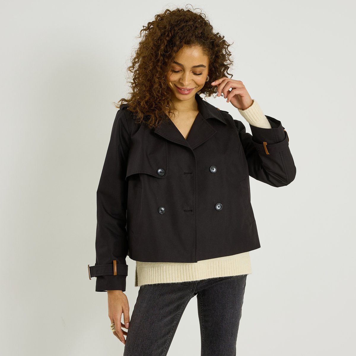 Trench court double boutonnage noir, GRAIN DE MALICE