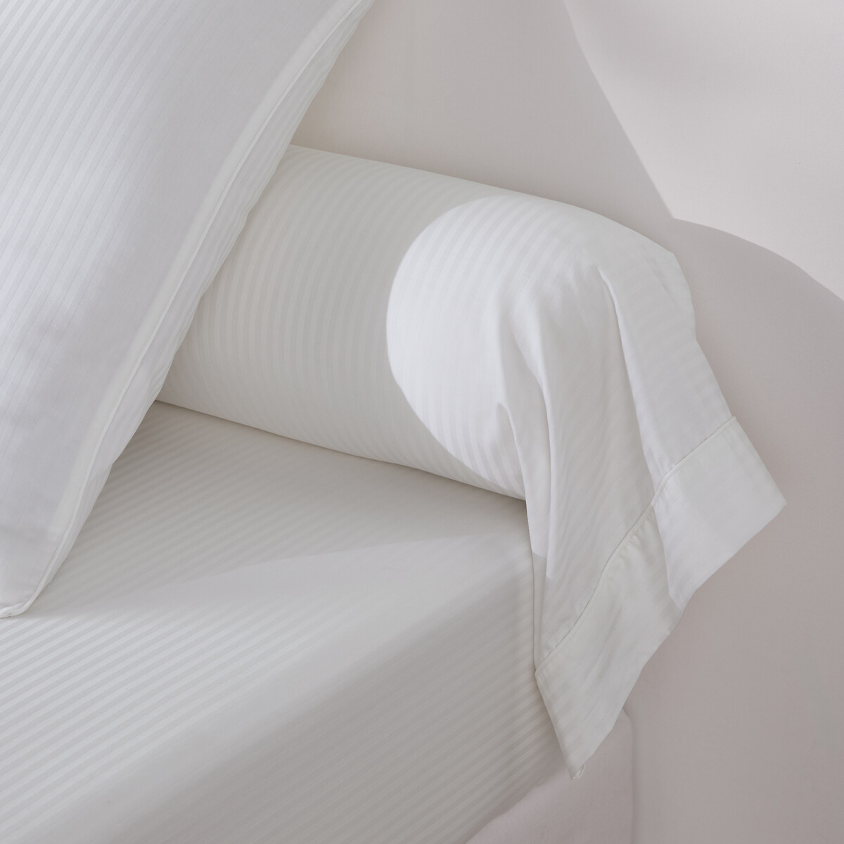 Opale Striped Cotton Satin 350 Thread Count Bolster Case white, LA REDOUTE INTERIEURS