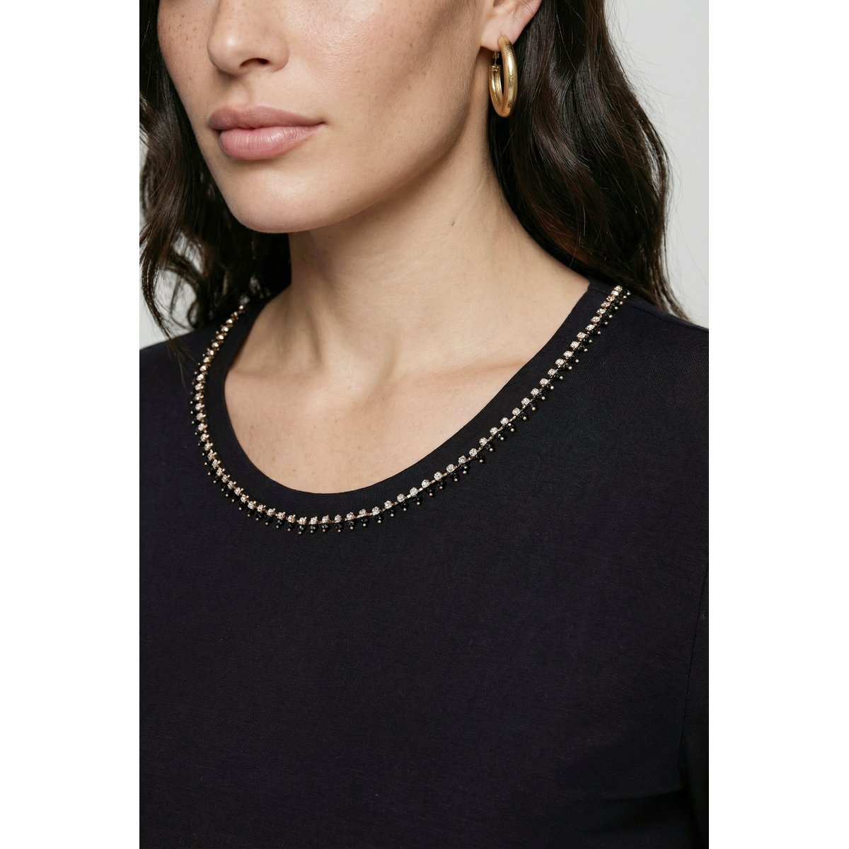 T-shirt en lyocell, pierres fantaisie noir, ULLA POPKEN