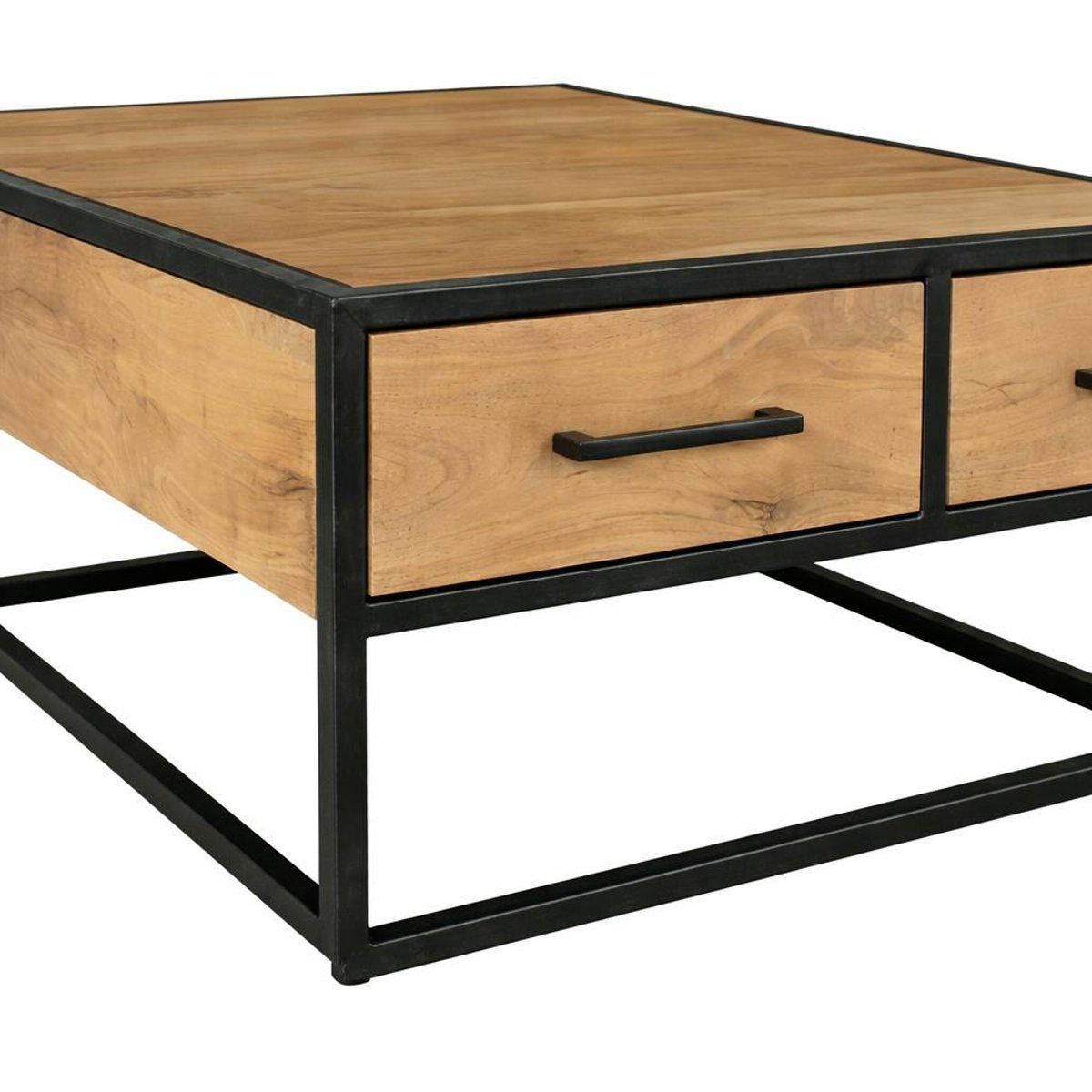 Table basse carrée bois clair métal noir 4 tiroirs RIVANO bois naturel, PIER IMPORT