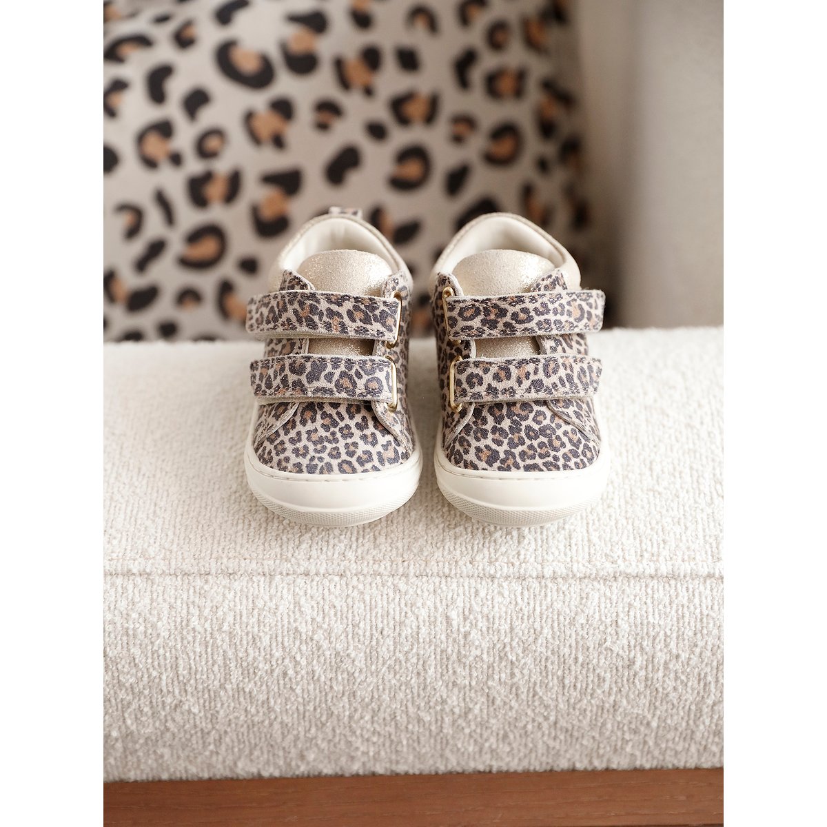 Basket cuir à scratchs beige imprimé, VERTBAUDET