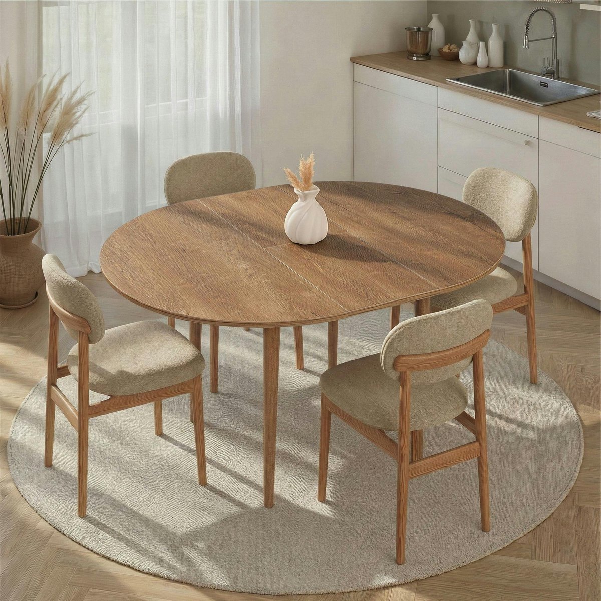 Table ronde extensible 4/6 places en mélaminé MARFA chêne brun, PIER IMPORT