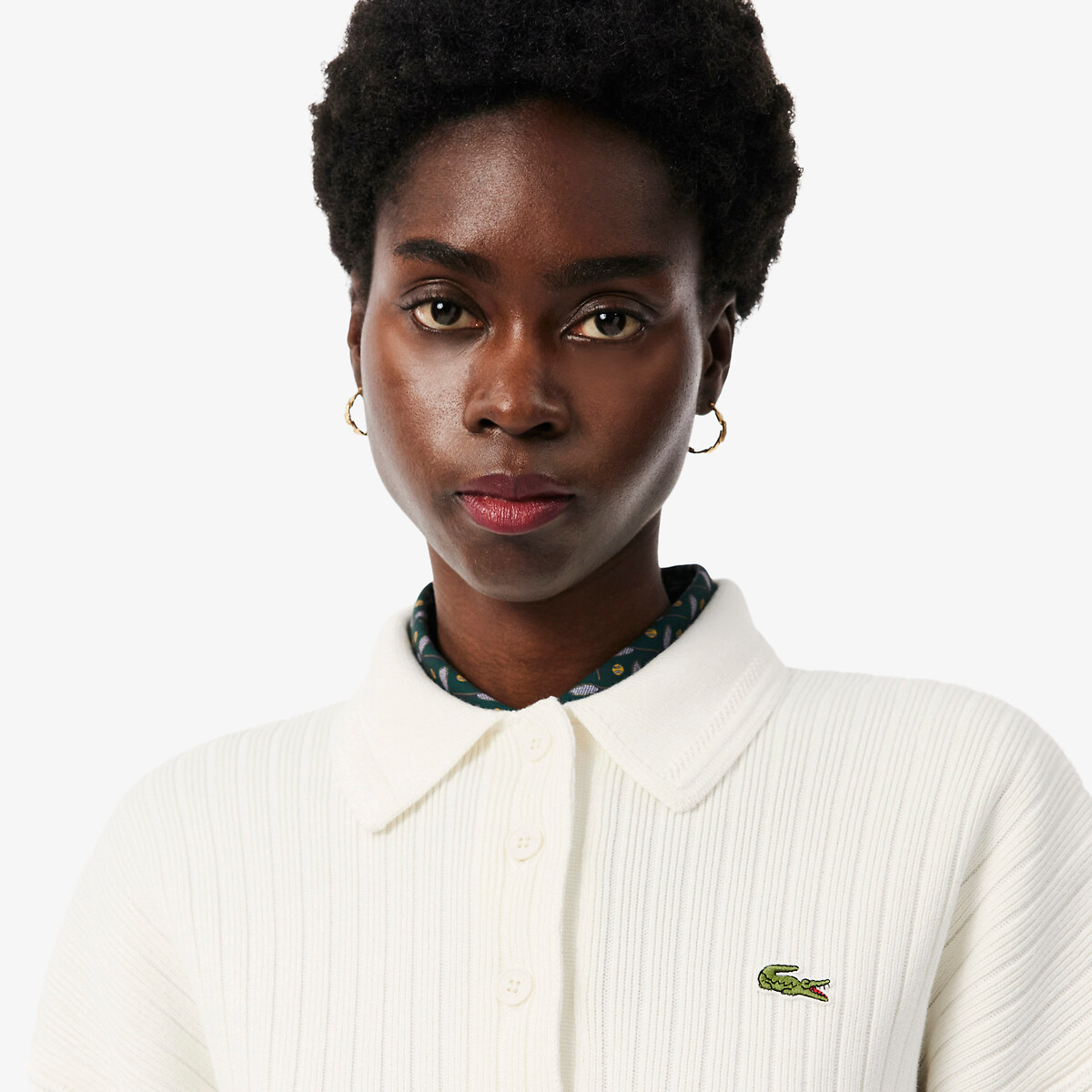 Pull col polo fabriqué en France ecru, LACOSTE