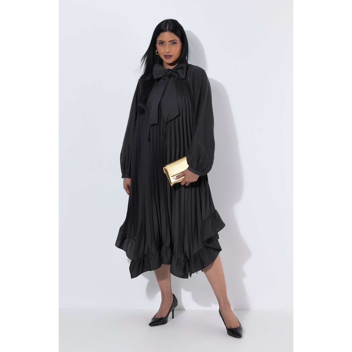 Robe plissée longueur midi, coupe évasée noir, ULLA POPKEN