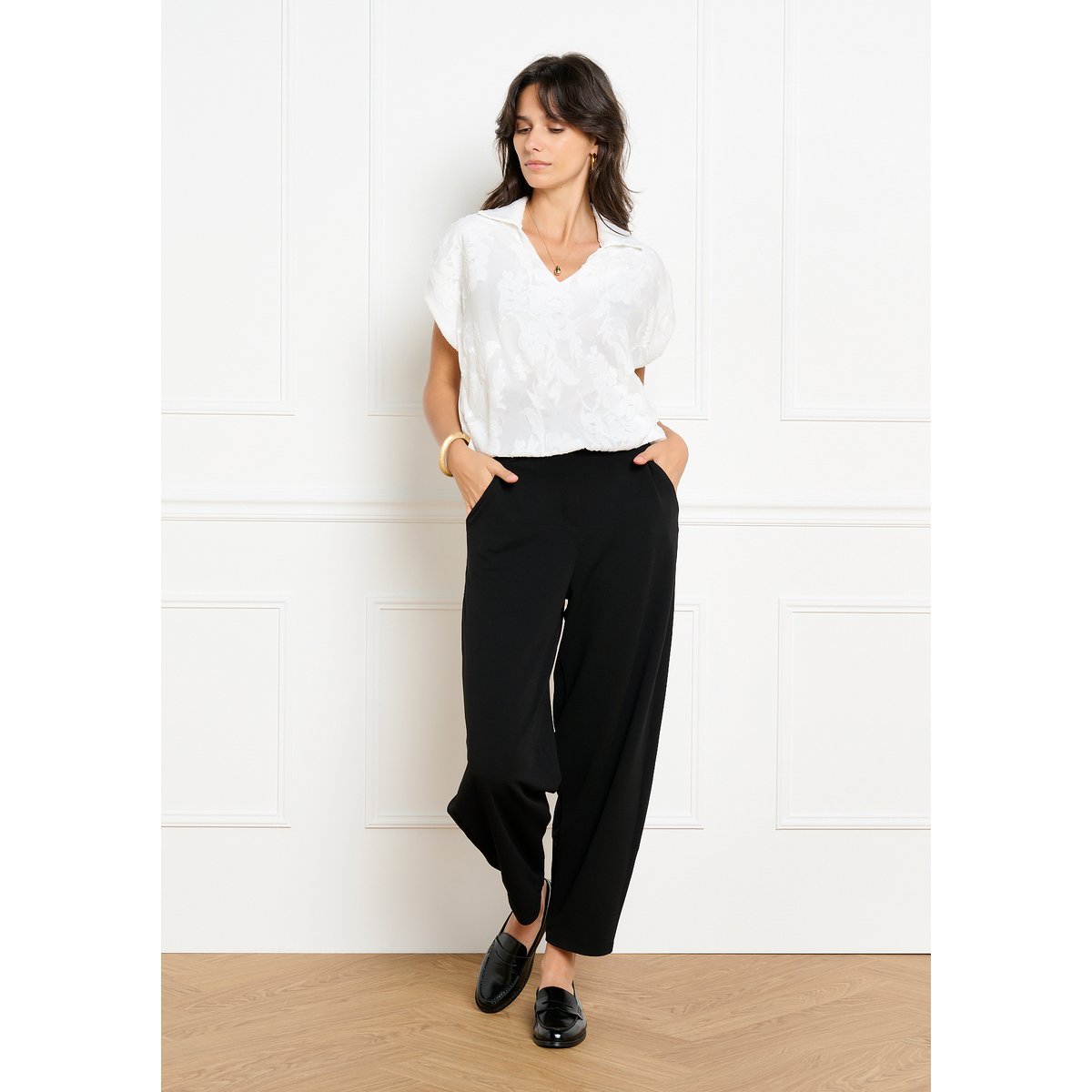 T-shirt fantaisie col chemisier blanc, LOLALIZA