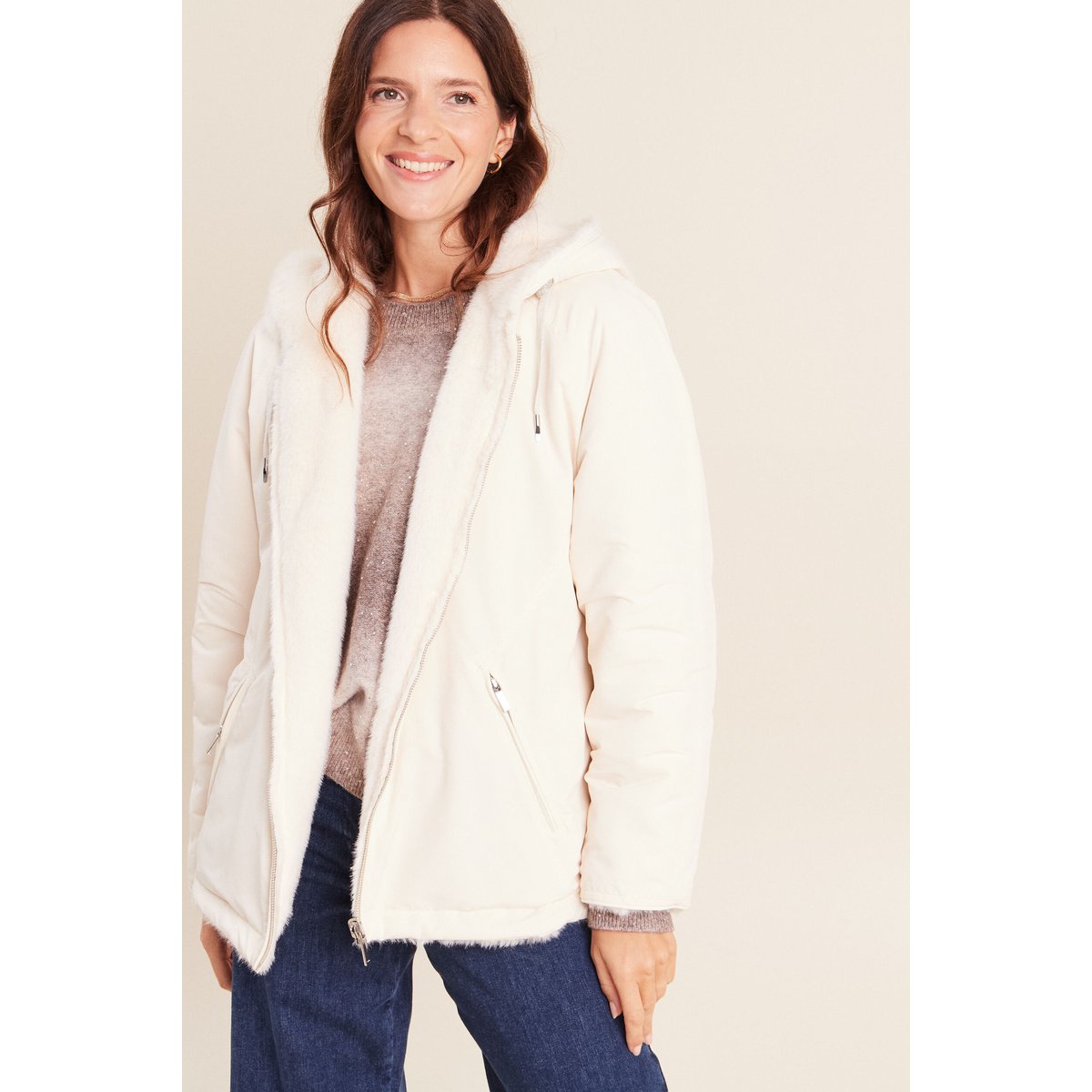 Parka réversible courte à capuche beige, BREAL
