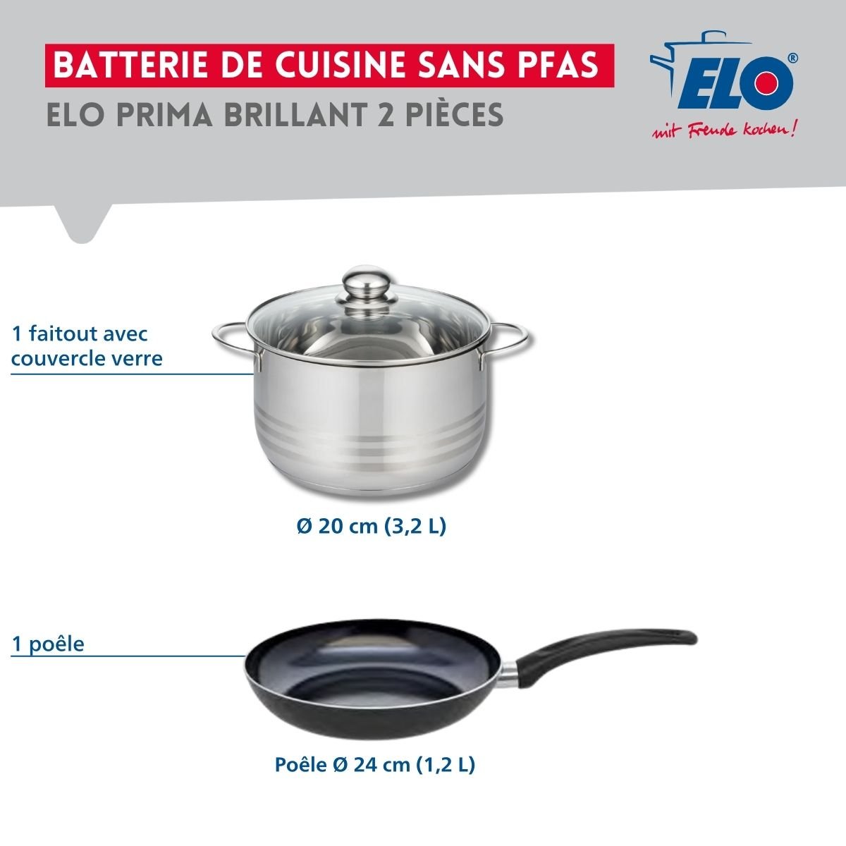 Batterie de cuisine 1 poêle 24cm + 1 faitout 20cm PRIMA BRILLANT noir, ELO