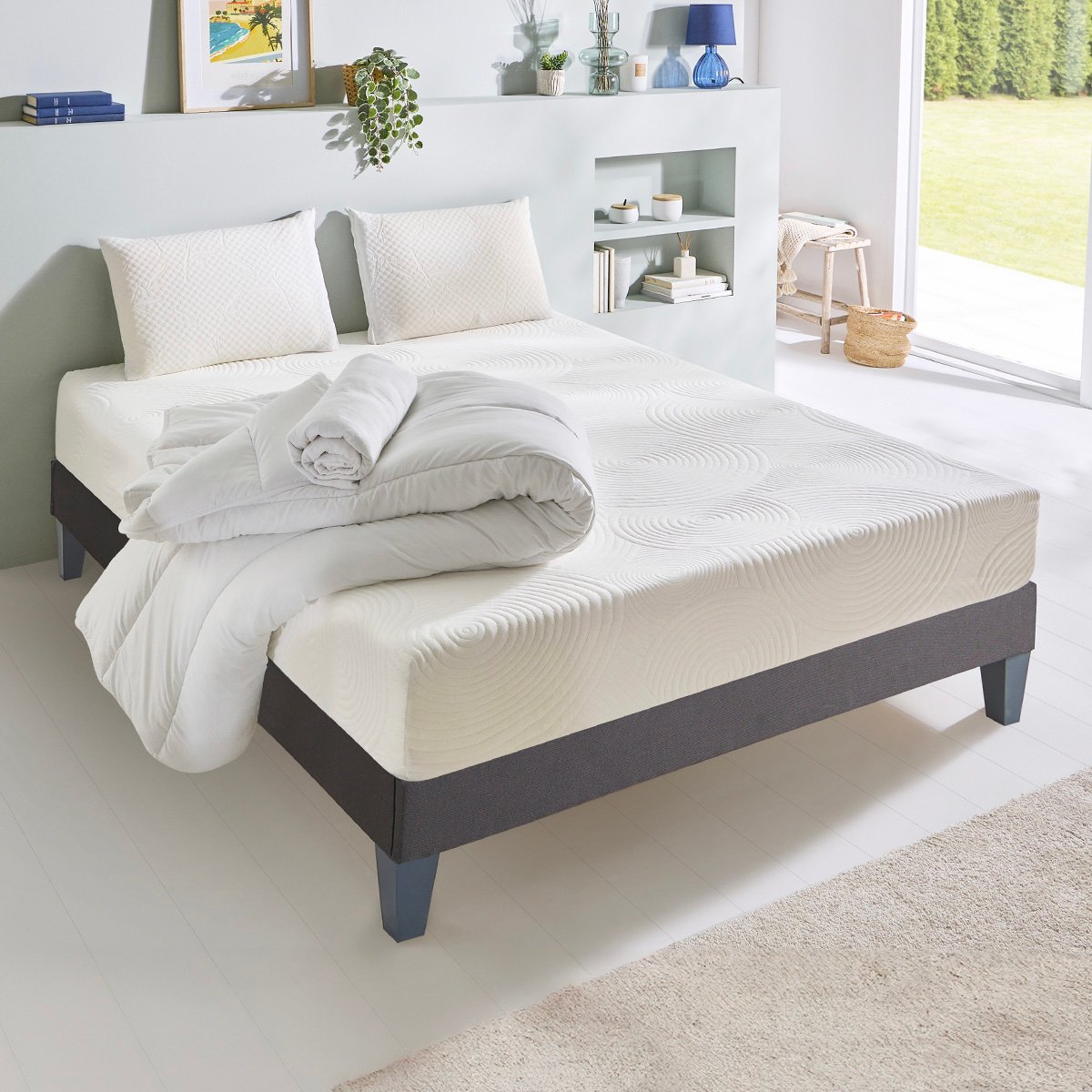 Prêt-à-dormir HÉRA avec Sommier, Couette, Oreillers et Protège-matelas blanc, OLYMPE LITERIE