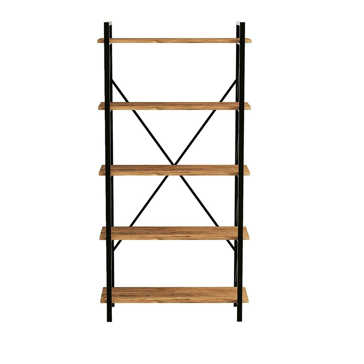 Bibliothèque industrielle à dos croisé, 5 plateaux JENA bois naturel, PIER IMPORT