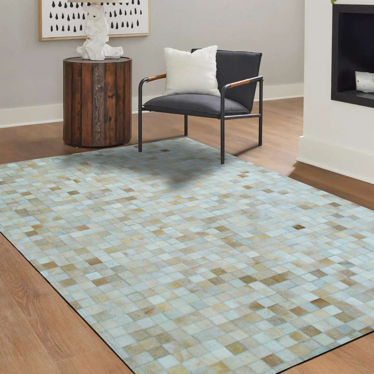 Tapis en cuir  recyclé mosaïque  CUIR MOZAIQUE beige, THE DECO FACTORY