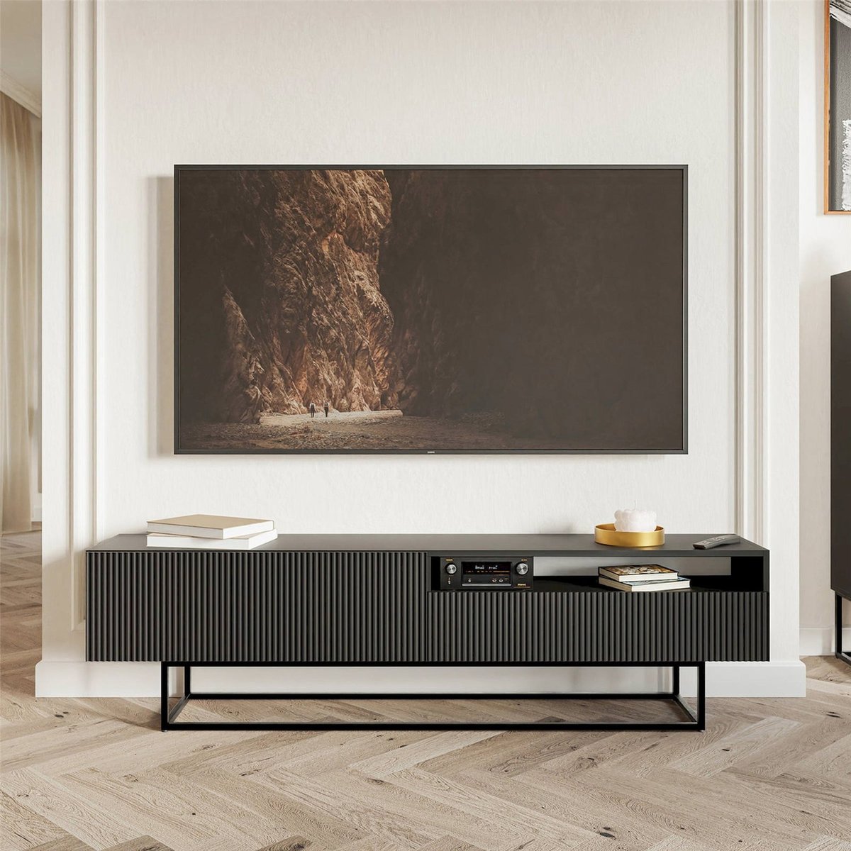 Meuble tv rainuré VELDIO avec niche noir, RECOLLECTION