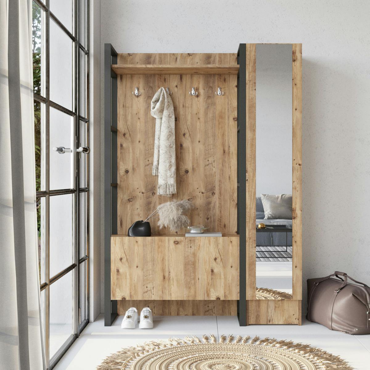 Grand vestiaire d'entrée rustique chic 1 miroir 2 portes MARFA bois naturel, PIER IMPORT