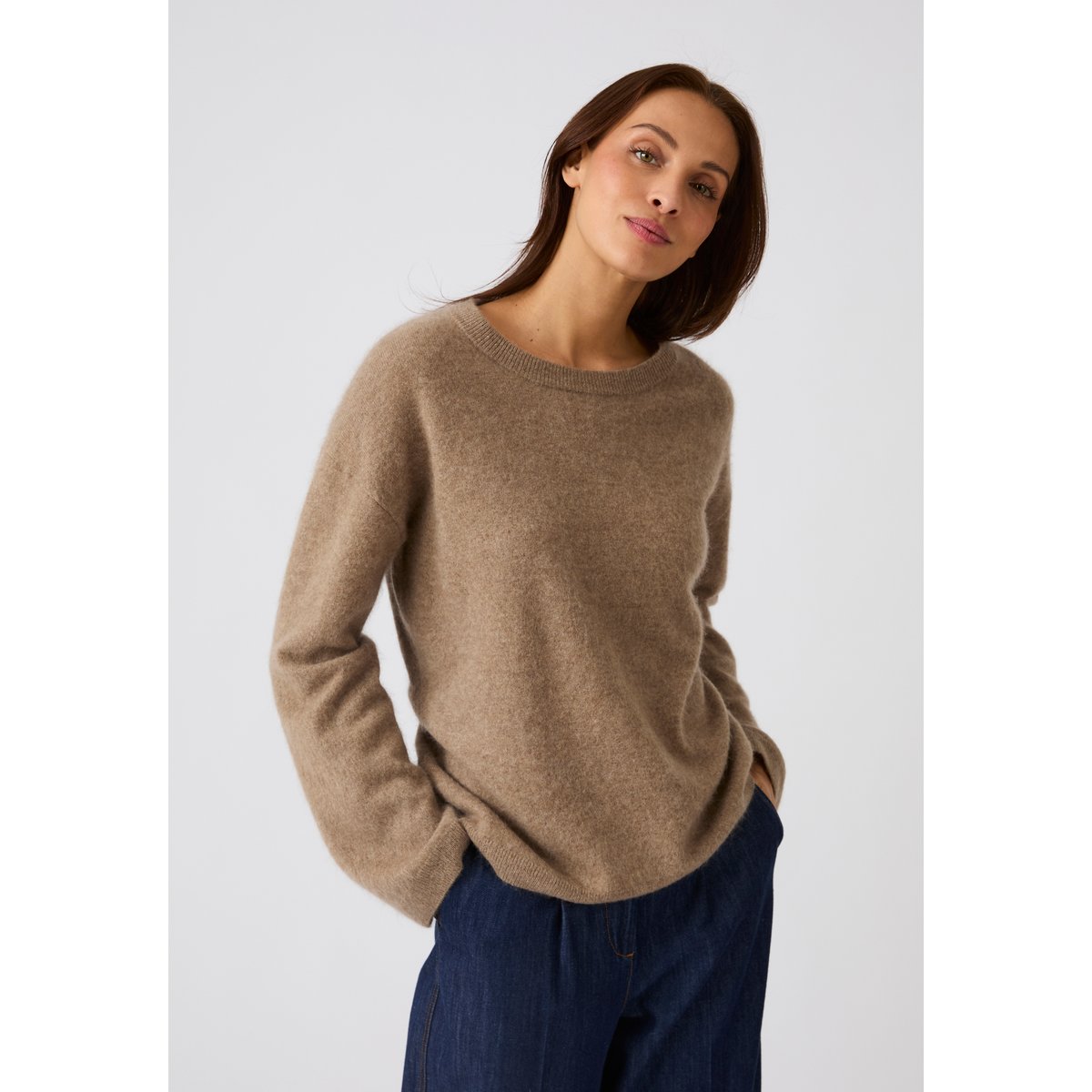 Pull pure laine brossée marron taupe, DAMART