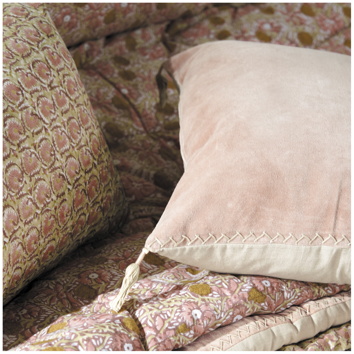 Housse de coussin en velours de coton rose, BLANC D’IVOIRE