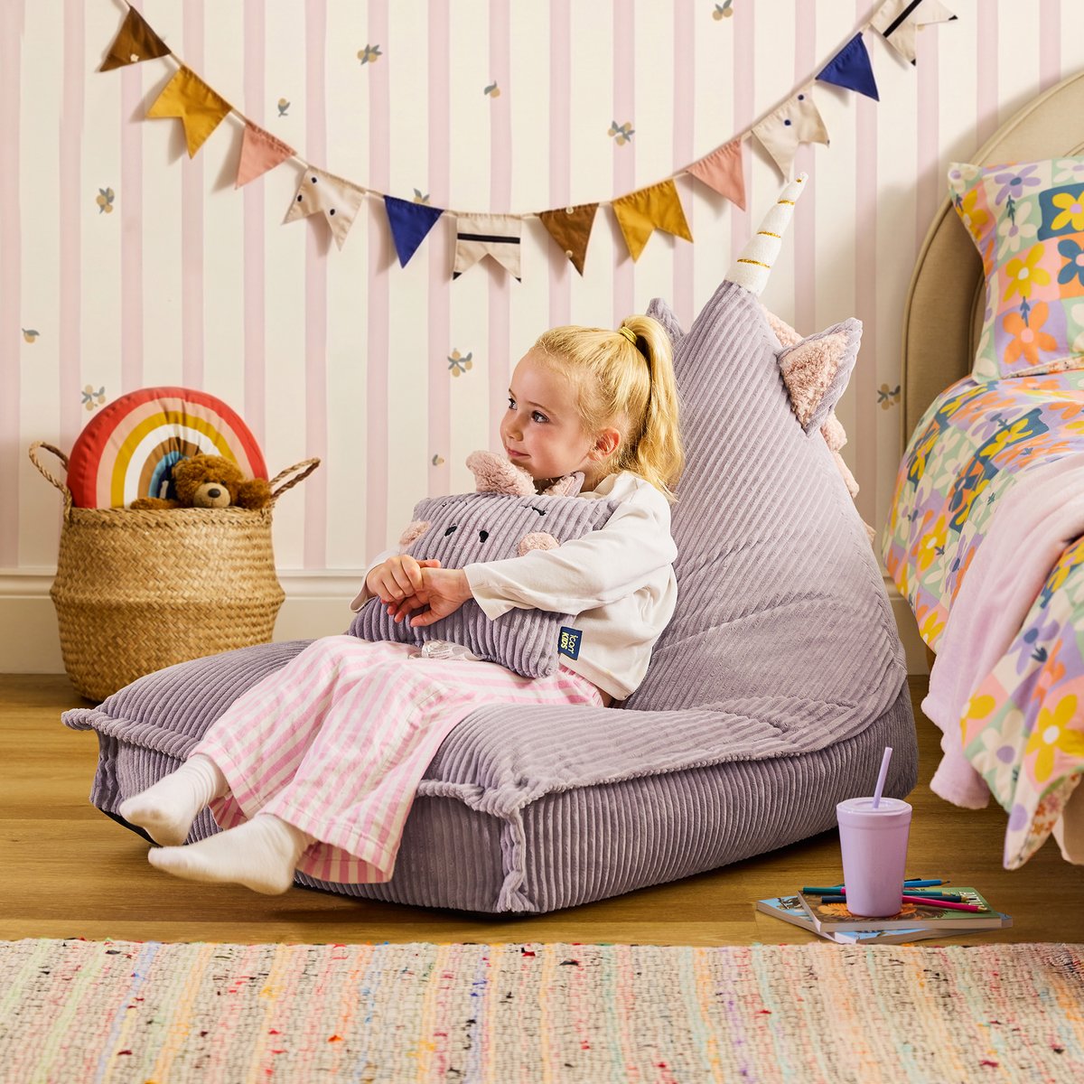 Pouf chauffeuse animal avec coussin licorne pour enfant en velours côtelé Oeko-Tex® lilas lilas licorne, ICON