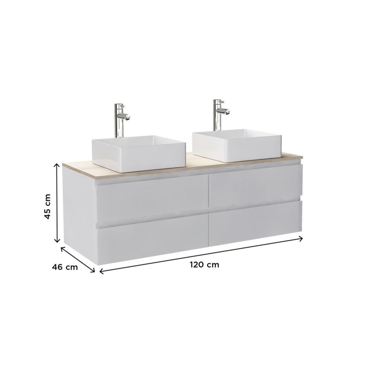 Meuble double vasque suspendu avec plan effet bois 120 cm SORRENTO blanc brillant, MOB IN