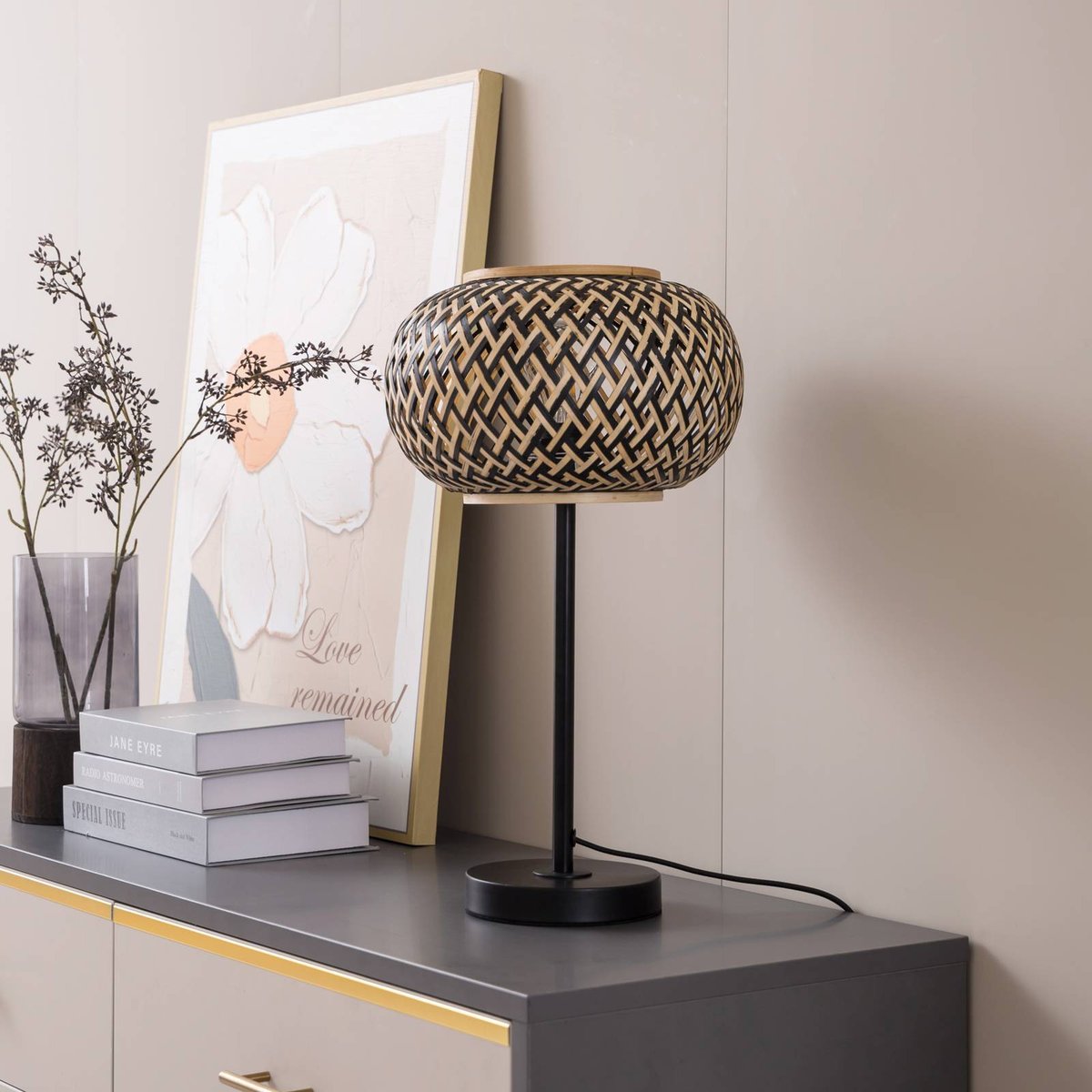 Lampe à poser en bois traditionnelle, Nerys noir, bois foncé, LINDBY